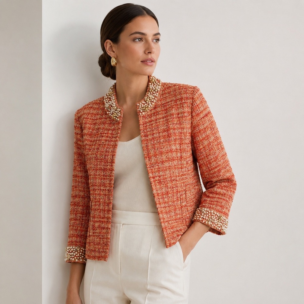 Chicos Beaded Tweed Jacket Womens Size 2 L Orange Pearl Sequin Blazer Luxury